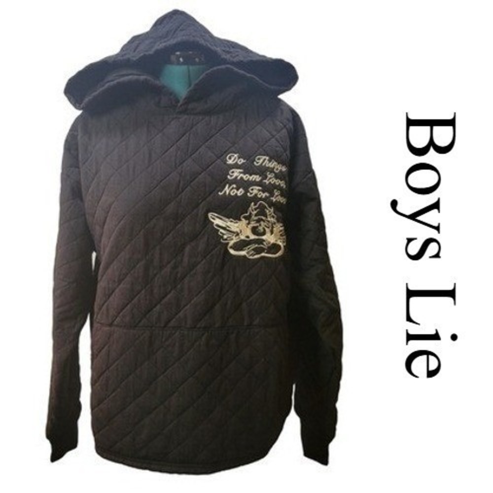 BOYS LIE Quilted Embroidered Cherub Hoodie Black Cotton Polyester‎ Fill OS